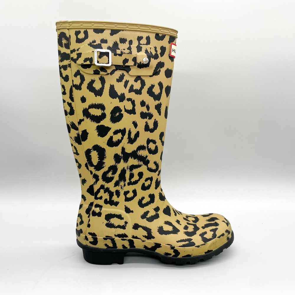 Hunter Original Womens 6 Leopard Print Rain Boots Tan Black Wellington Shoes